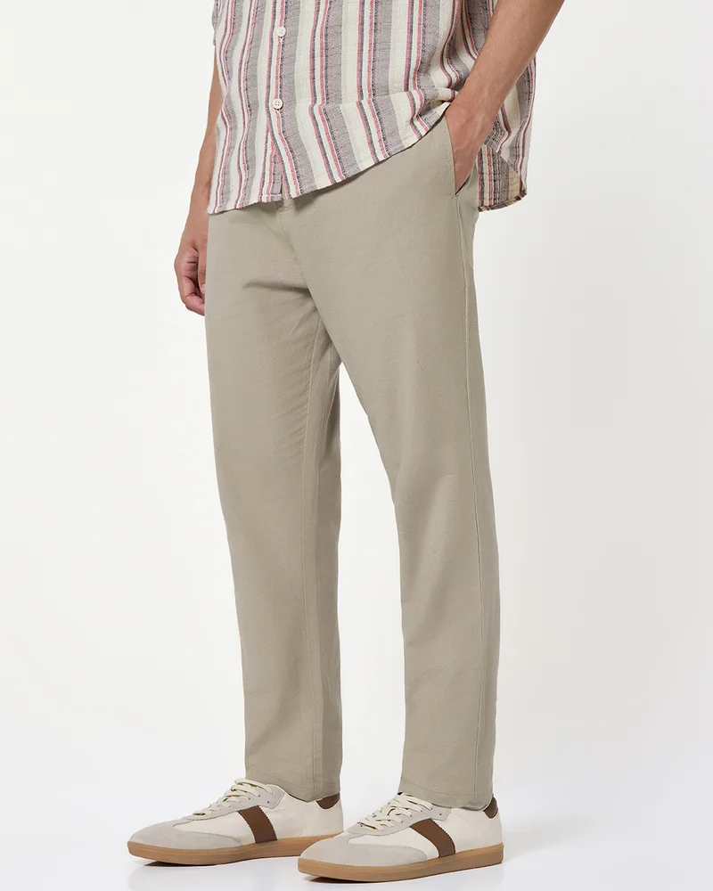 bewakoof Men's Dark Khaki Brown Cotton Linen Pants